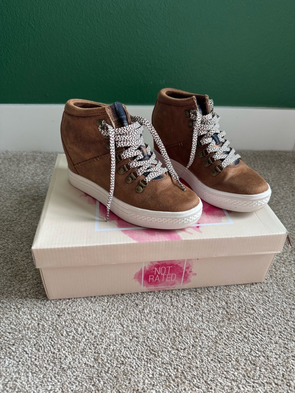 Not Rated Brown Suede Hidden Wedge Sneakers with White Contrast Laces